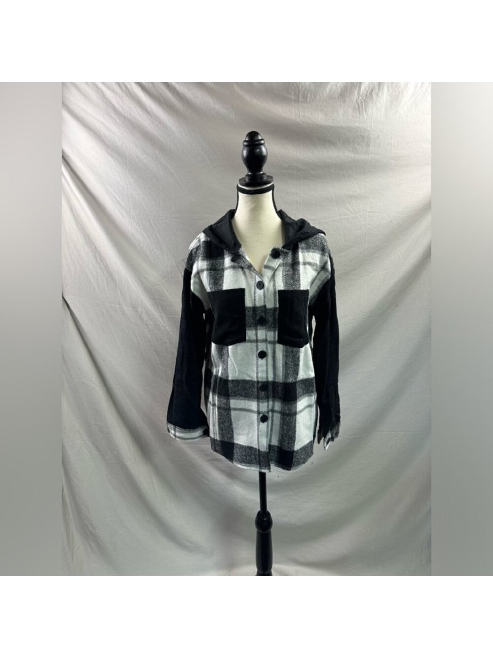 Plaid Print Drop Shoulder Hooded Shirt - Picture 7 of 9